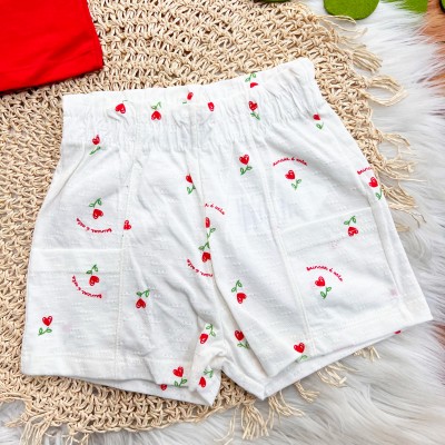 Conj. Blusa Laço e Short Flores de Corações com Mini Bolsos - Vermelho